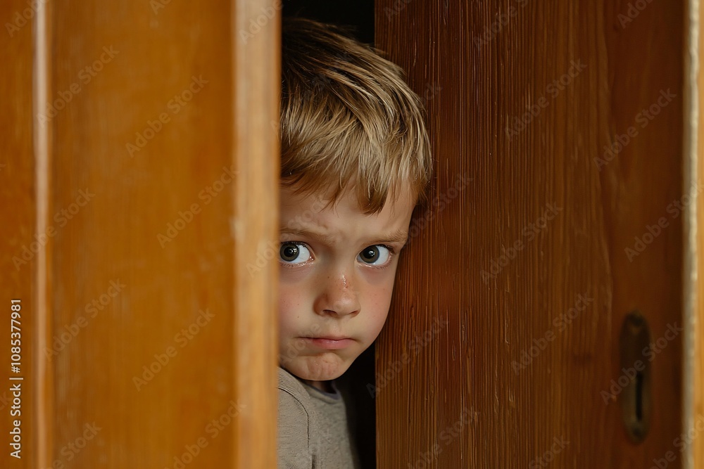 A Curious Child Peeking from Behind a Door A Curious Child Peeking from Behind a Door