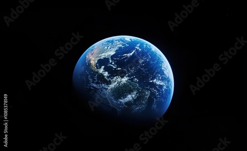 Stunning View of Earth from Space Highlighting Oceans, Continents, and Atmospheric Details Against a Black Background Capturing the Beauty of Our Planet photo