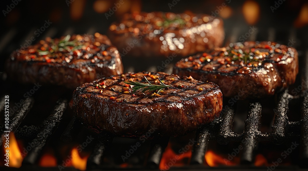 Four juicy grilled steaks sizzling on a hot barbecue grill. Four juicy grilled steaks sizzling on a hot barbecue grill.