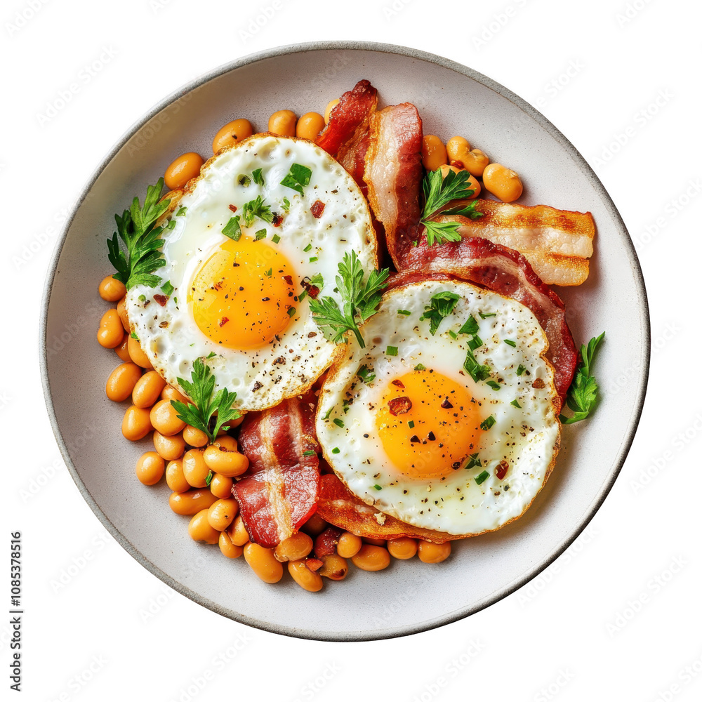 Delicious breakfast with eggs, bacon, and beans Isolated on transparent background Delicious breakfast with eggs, bacon, and beans Isolated on transparent background