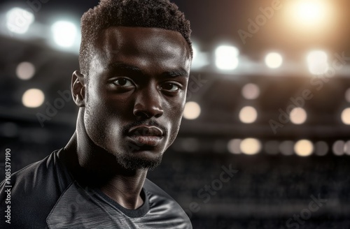 a Black soccer player in a yellow and black uniform, standing in a stadium, emphasizes his focus and strength for sports marketing campaigns. photo