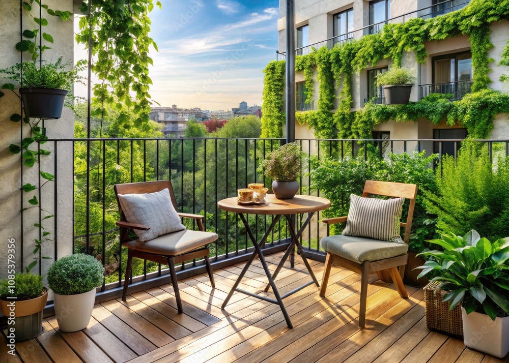 Obraz premium Compact Outdoor Furniture Set on a Small Balcony Surrounded by Lush Greenery for Stylish Urban Living