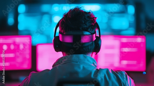 Computer engineer working on AIenhanced virtual reality systems top view Demonstrating immersive tech advancements Futuristic tone Splitcomplementary color scheme photo