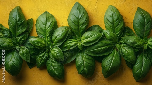 Fototapeta Naklejka Na Ścianę i Meble -  Basil Leaves on Yellow Background: A vibrant display of fresh green basil leaves arranged in a neat row against a warm yellow backdrop, capturing the essence of culinary freshness and natural beauty.