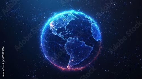 Fototapeta Naklejka Na Ścianę i Meble -  Stunning Digital Earth Representation with Glowing Network Connections and Stars in a Dark Outer Space Setting for Technology and Global Connectivity Themes