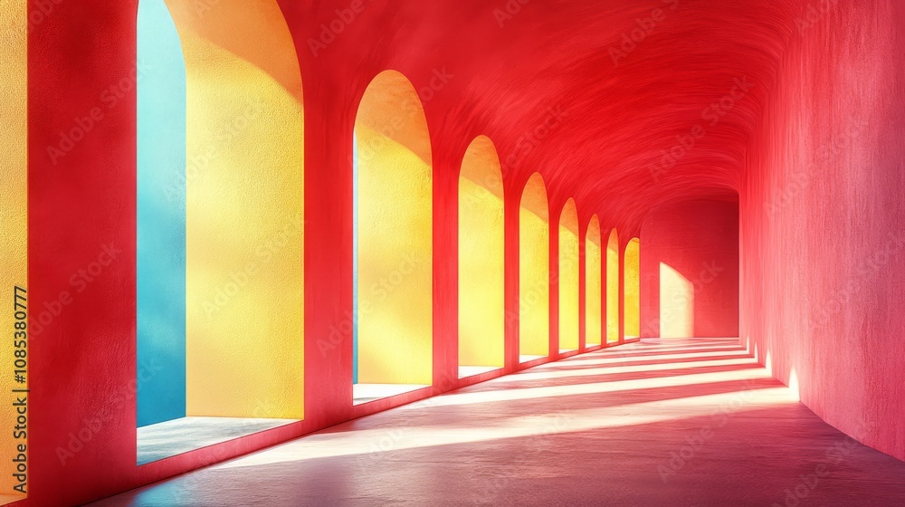 Fototapeta premium Crimson Corridor: A vibrant architectural journey through a captivating hallway with red walls and yellow arches, bathed in sunlight. The image evokes a sense of mystery and wonder. 