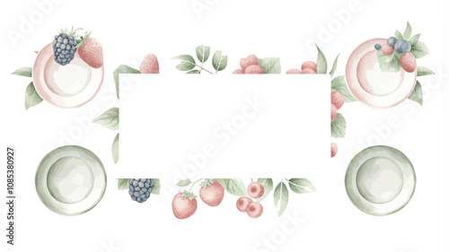 Watercolor frame with berries, fruits and leaves. Vector illustration.
