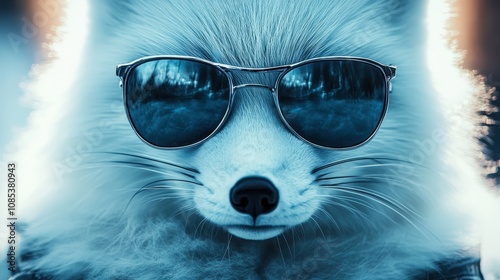 Arctic fox in sunglasses. Close-up portrait of an Arctic fox. An anthopomorphic creature. A fictional character for advertising and marketing. Humorous character for graphic design photo