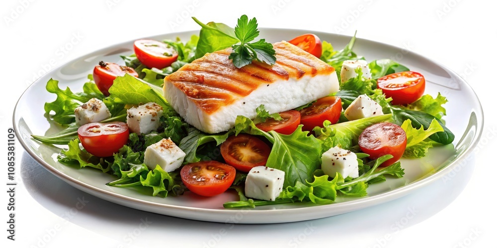 Double Exposure Photography of Soft Goat Feta Cheese Salad with Grilled Salmon, Tomatoes, and Lettuce on White Plate for Culinary Art and Food Photography Double Exposure Photography of Soft Goat Feta Cheese Salad with Grilled Salmon, Tomatoes, and Lettuce on White Plate for Culinary Art and Food Photography