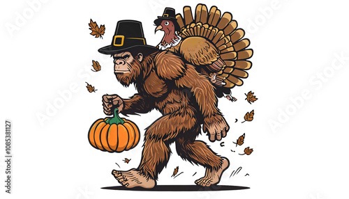 Bigfoot, Sasquatch, turkey, Thanksgiving, pilgrim hat, pumpkin, Thanksgiving fusion, mythical creature, holiday mashup, cryptid, cartoon, illustration, humorous, brown fur, walking, turkey riding, 