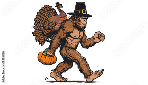 Bigfoot, Sasquatch, turkey, Thanksgiving, pilgrim hat, pumpkin, Thanksgiving fusion, mythical creature, holiday mashup, cryptid, cartoon, illustration, humorous, brown fur, walking, turkey riding, 