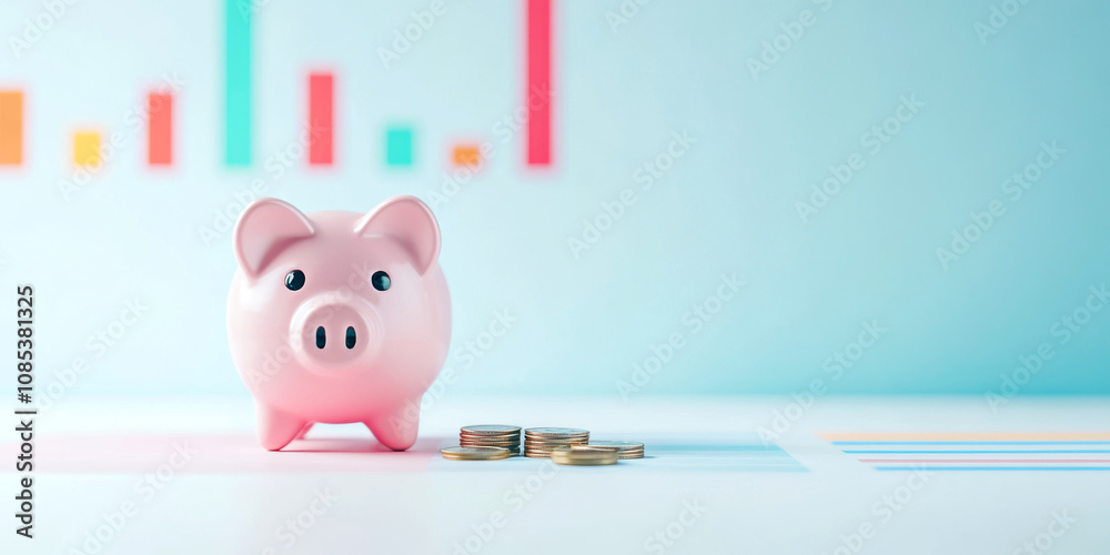 Piggy Bank is on a Financial Chart background, symbolizing savings management. Cheerful pink piggy bank on a blue economy diagram, growing graph. Wealth, profit, investment concept. Save money idea Piggy Bank is on a Financial Chart background, symbolizing savings management. Cheerful pink piggy bank on a blue economy diagram, growing graph. Wealth, profit, investment concept. Save money idea