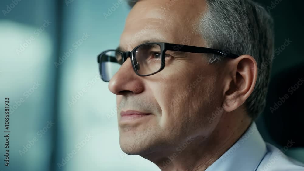 Confident businessman gazing out window in modern office setting Confident businessman gazing out window in modern office setting