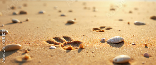 Bird tracks on beach sand, coastal shoreline, animal portrait