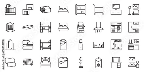 Furniture flat line icons set. Kitchen, bedroom, sofa table, bookcase closet, chair, mattress, lamps, ladder vector illustrations