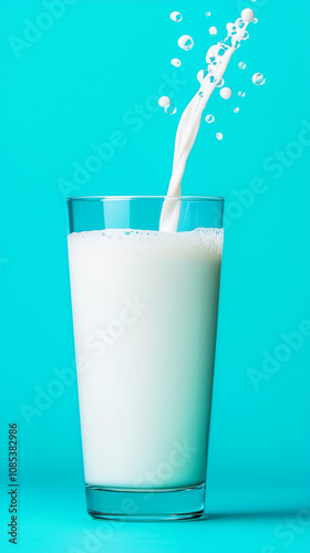 A glass of milk with a stream of milk being poured into it, set against a blue background. Perfect for dairy-related promotions, healthy living campaigns, or refreshing beverage designs. 