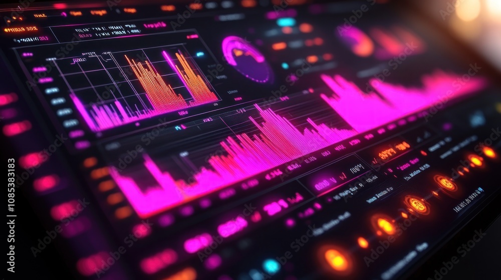 Digital interface displaying colorful data visualizations and metrics. Digital interface displaying colorful data visualizations and metrics.