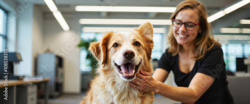 Therapy dog receives pets in office, stress relief companion