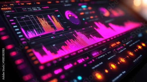 Digital interface displaying colorful data visualizations and metrics.