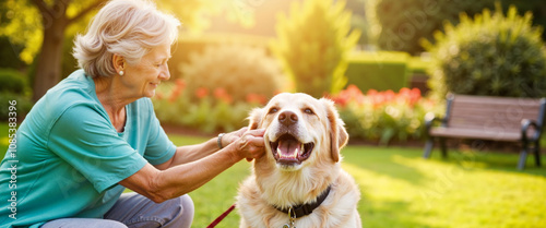 Elderly woman petting therapy dog in garden, animal-assisted care