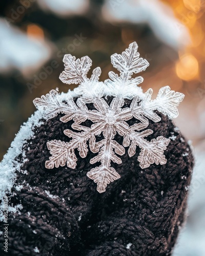 Close-up of a Delicate Snowflake Resting on a Dark Knitted Mitten During Winter Season