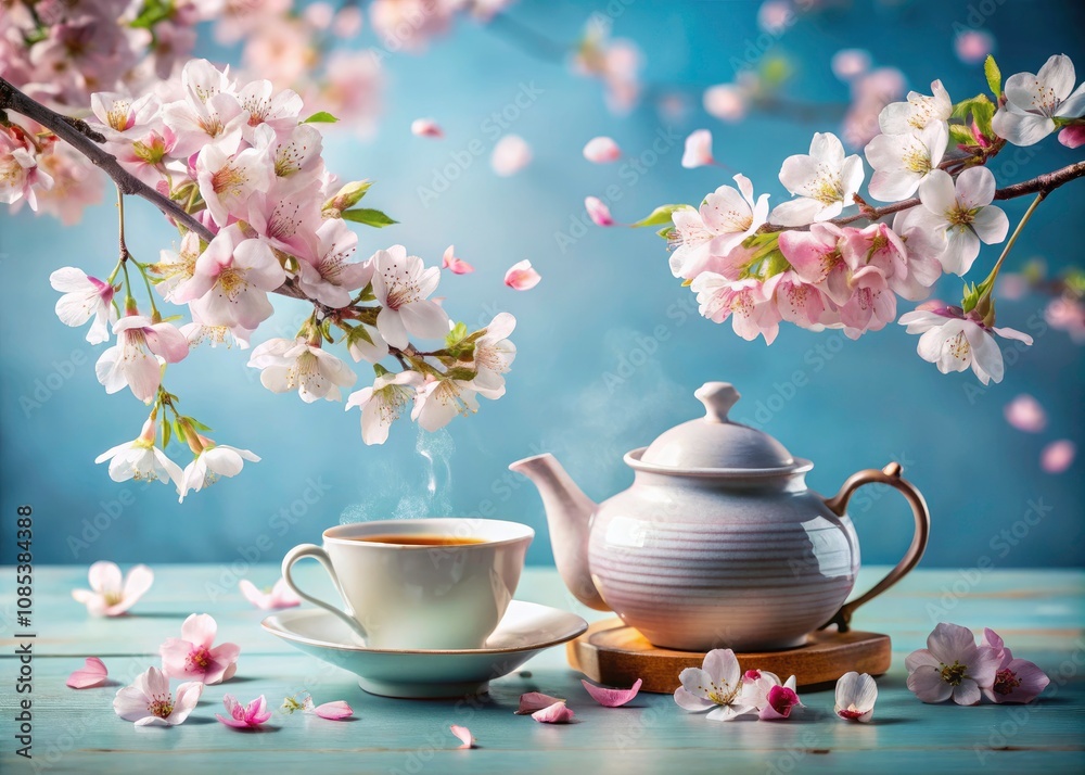 Elegant Tea Set Surrounded by Cherry Blossoms on a Serene Blue Background - Fashion Photography Inspiration Elegant Tea Set Surrounded by Cherry Blossoms on a Serene Blue Background - Fashion Photography Inspiration