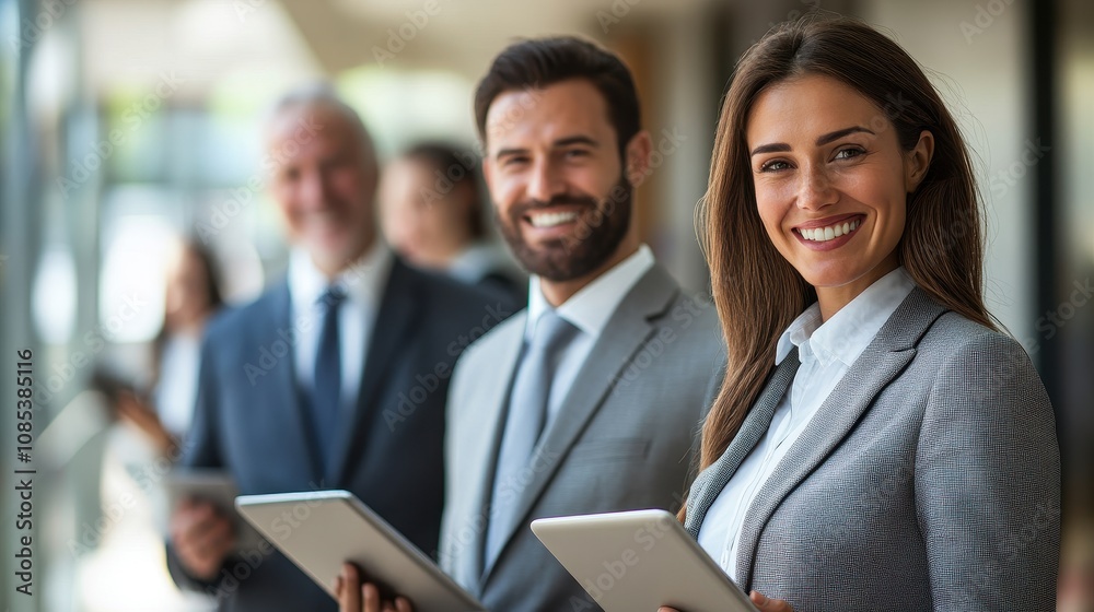 Business people in a corporate office holding tablets with a smile on their faces Business people in a corporate office holding tablets with a smile on their faces