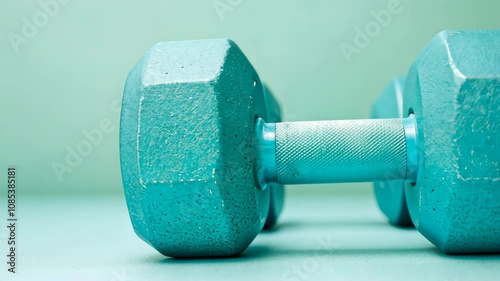 Two teal dumbbells lie on a light teal floor