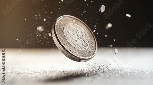 Coin bouncing with dust particles in soft light background. photo