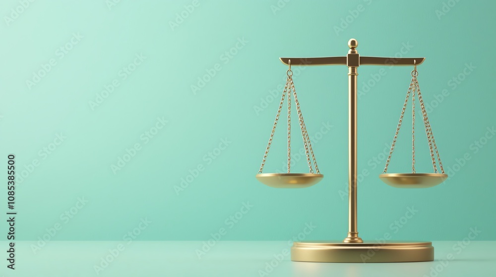 Golden scales of justice balanced, law and fairness concept, 3D illustration Golden scales of justice balanced, law and fairness concept, 3D illustration
