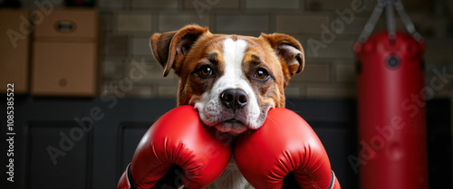 Boxer dog wearing red gloves in home gym, canine athlete concept