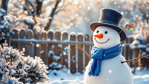 a snowy backyard with a lively snowman standing proudly next to a wooden fence photo