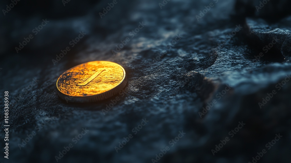 Close-up of a single gold coin on a textured dark surface. Close-up of a single gold coin on a textured dark surface.