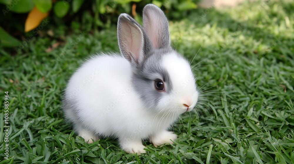 Adorable white and grey bunny rabbit with pink nose sitting in green grass. Adorable white and grey bunny rabbit with pink nose sitting in green grass.