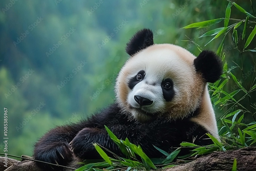 Gentle Giant: A Close-Up of a Playful Panda Amidst Lush Greenery Gentle Giant: A Close-Up of a Playful Panda Amidst Lush Greenery