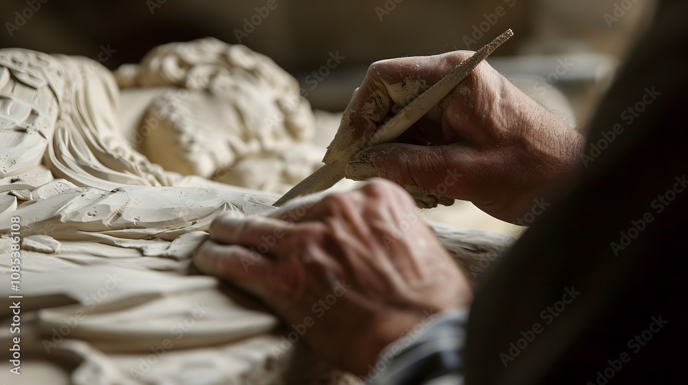 Obraz premium Hands of an artist refining a clay sculpture with precision tools, close-up view