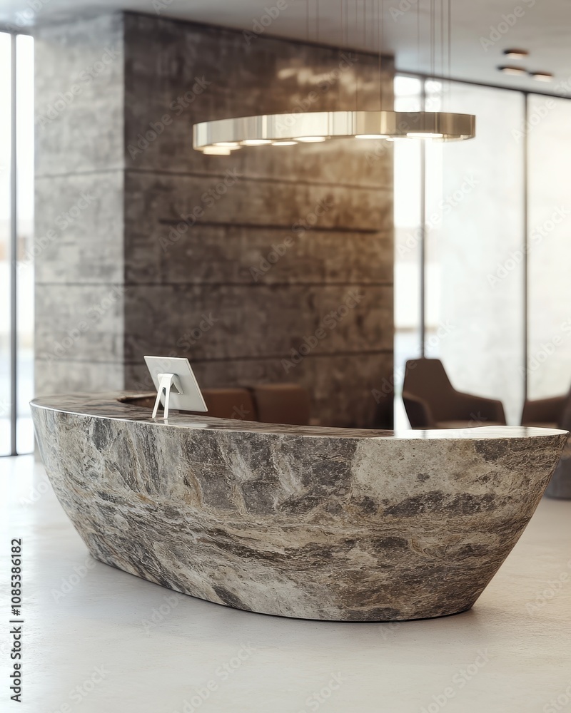 Design of modern reception area with stone reception desk. 3D rendering, 3D illustration. Design of modern reception area with stone reception desk. 3D rendering, 3D illustration.