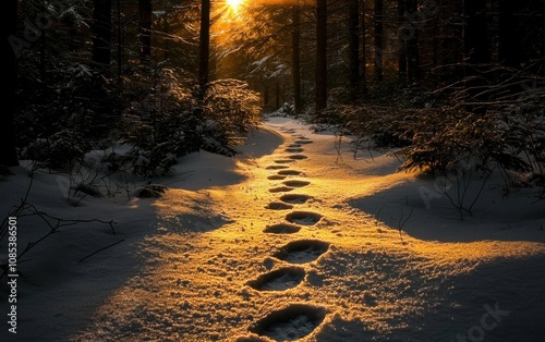 Snowy Forest Path at Sunrise With Golden Light Illuminating Fresh Footprints in the Snow