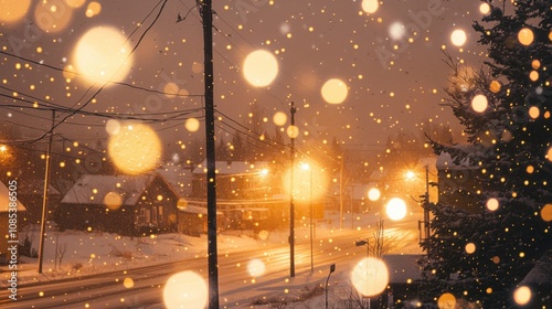 Snowstorm Blankets a Small Town With Thick White Snow and Glowing Street Lights at Night