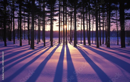 Twilight View of Snowy Landscape With Long Shadows Cast by Trees at the Edge of a Frozen Lake