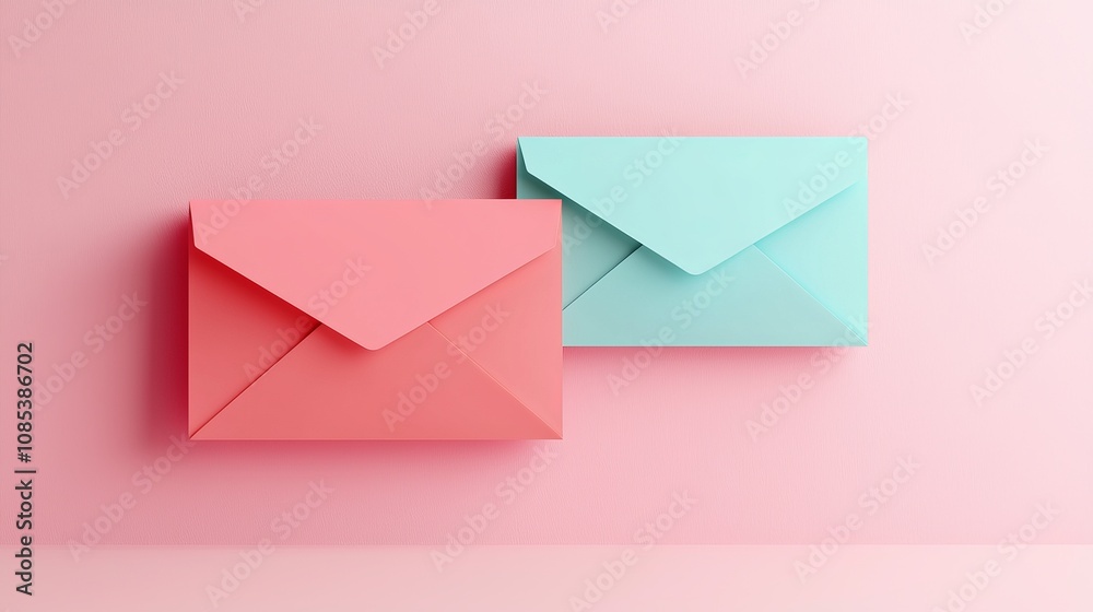 Email marketing concept. Two envelopes in pink and teal on a pastel background Email marketing concept. Two envelopes in pink and teal on a pastel background