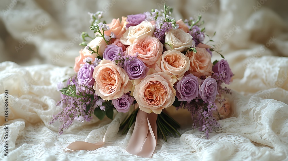 A beautiful bouquet of peach and purple roses tied with a satin ribbon. A beautiful bouquet of peach and purple roses tied with a satin ribbon.