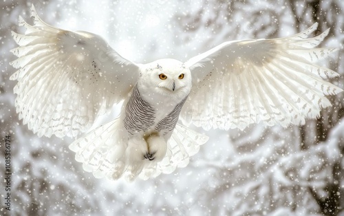Snowy Owl Gliding Gracefully Through a Snowy Forest in Winter