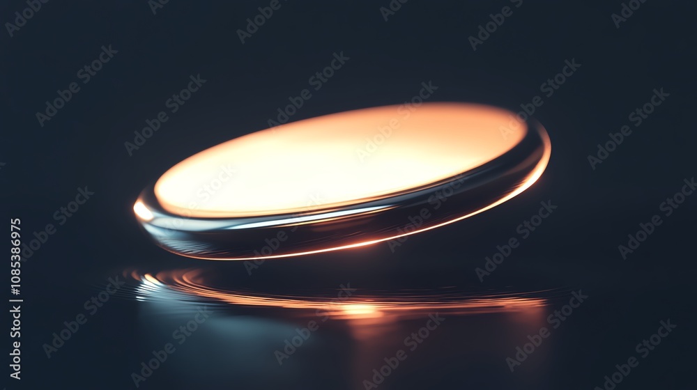 Futuristic glowing disc on a dark reflective surface Futuristic glowing disc on a dark reflective surface