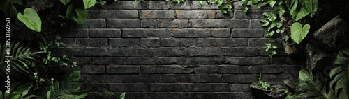 A textured dark brick wall adorned with lush green plants, creating a natural ambiance.