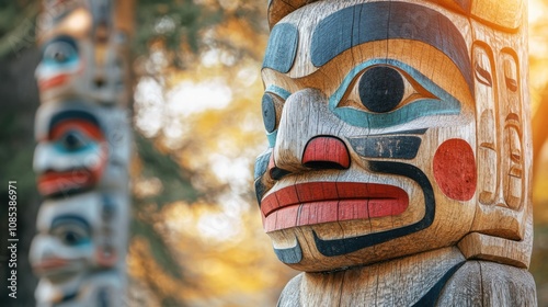 Close-up of a Carved Totem Pole Face photo