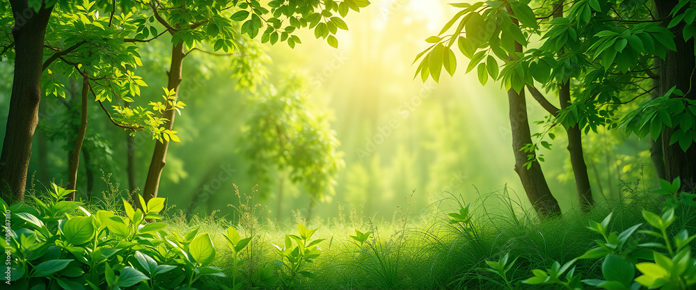 Fototapeta premium Lush green grass thrives in the foreground, while the background features a soft-focus depiction of a vibrant, sunlit forest, creating a tranquil and natural scene.