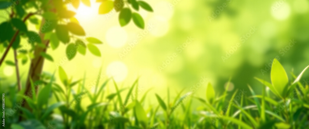 Lush green grass thrives in the foreground, while the blurred background features a soft-focus depiction of a vibrant, sunlit forest, creating a tranquil and natural scene. Lush green grass thrives in the foreground, while the blurred background features a soft-focus depiction of a vibrant, sunlit forest, creating a tranquil and natural scene.