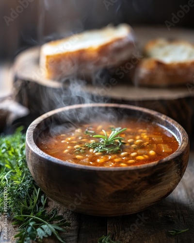 Hearty Soup With Fresh Herbs on a Rustic Table, Paired With Toasted Bread