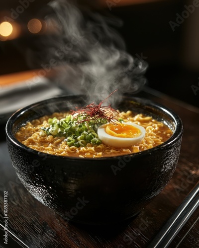 Steaming Bowl of Ramen Soup With Egg and Green Onions Served in a Cozy Restaurant